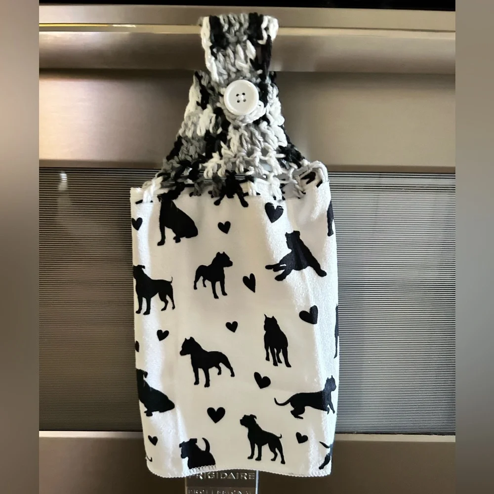 Hand Crafted Black and White Dog Pattern Pit Bull Hanging Hand Towel